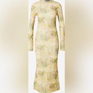 NWOT NASTY GAL Long Sleeve Mesh Bodycon Midi Dress Art Deco Palm Print Size 6